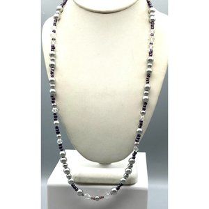Vintage Grey and Purple Classy Necklace, Soft Gray Faux Pearls and Faceted